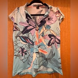 Jamie Sadock Women's Medium Ikebana Golf  Top Floral Blue Pink Short Sleeves